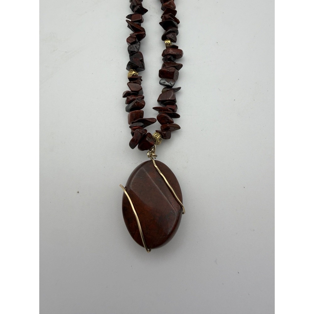Artisan Red Jasper Chip Necklace Large Stone Pendant Gold Tone Boho 19"